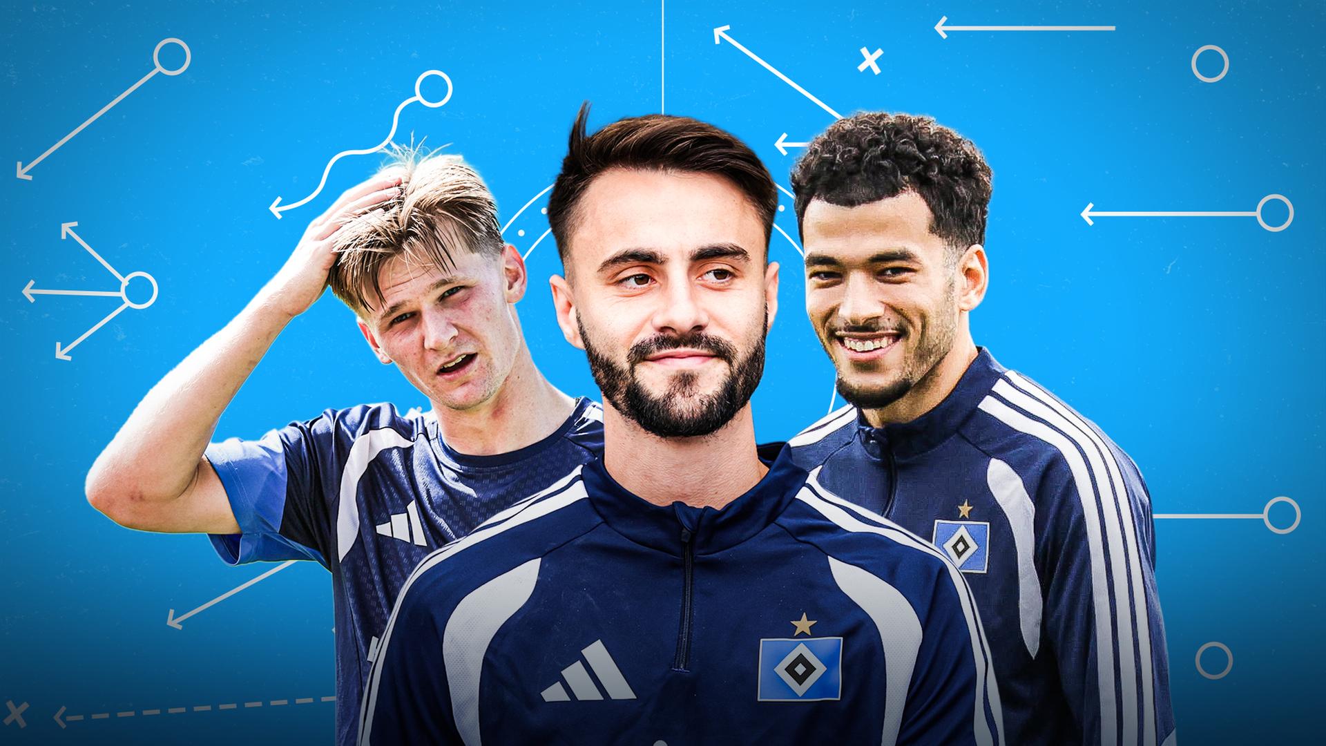 Fabio Viera, Zakaria El Ouadhi und David Möller Wolfe vom Hamburger SV | IMAGO/Eibner; picture alliance/nordphoto GmbH 