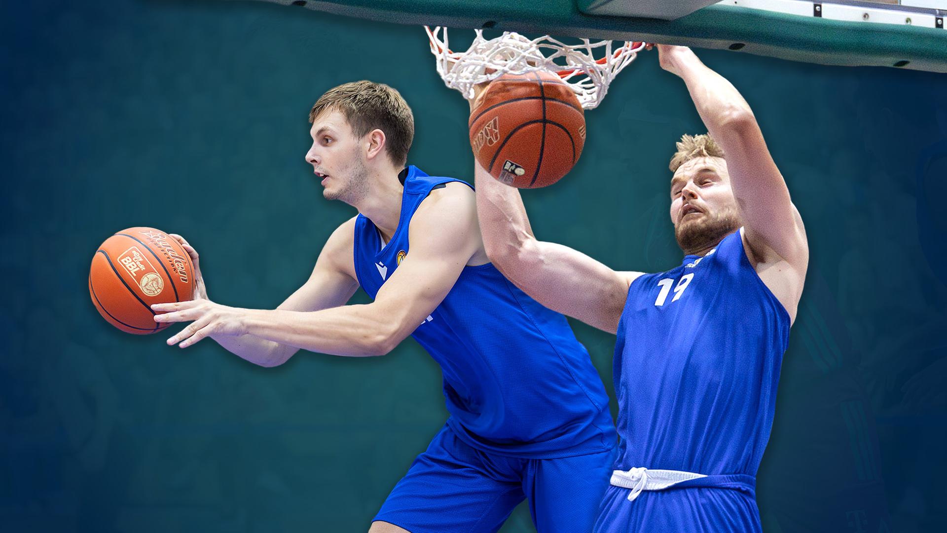 Collage: Zwei Männer in blauen Trikots und jeweils einem Basketball in der Hand - freigestellt (ausgeschnitten) - vor einem blau-grünen Hintergrund collagiert. | Collage: hessenschau.de; 2 x Imago Images