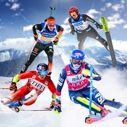 Benedikt Doll, Katharina Schmid, Marco Odermatt und Mikaela Shiffrin
