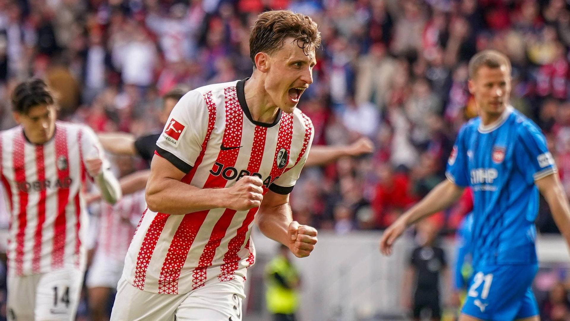 Maximilian Eggestein vom SC Freiburg bejubelt seinen Siegtreffer gegen den 1. FC Heidenheim. | IMAGO, IMAGO / STEINSIEK.CH