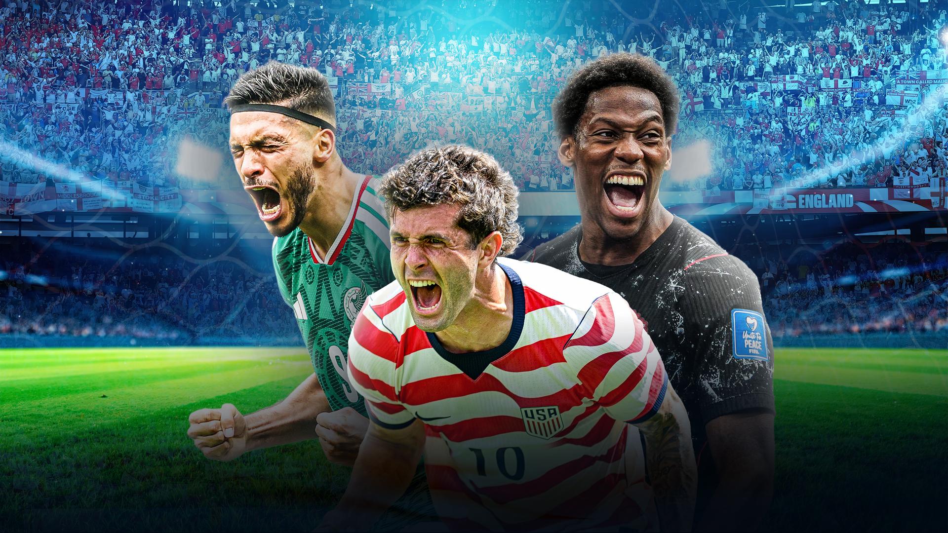 Christian Pulisic von den USA, Raul Jimenez von Mexiko und Jonathan David von Kanada bejubeln Tore ihres Teams. | IMAGO/UPI Photo. IMAGO/ZUMA Press Wire. IMAGO/Anadolu Agency