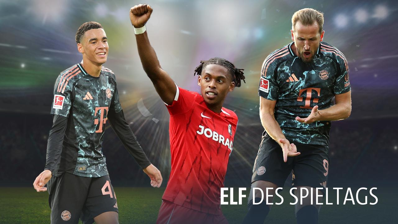 v.l. Jamal Musiala, Junior Adamu und Harry Kane | IMAGO/MIS/Sportfoto Rudel/HMB-Media