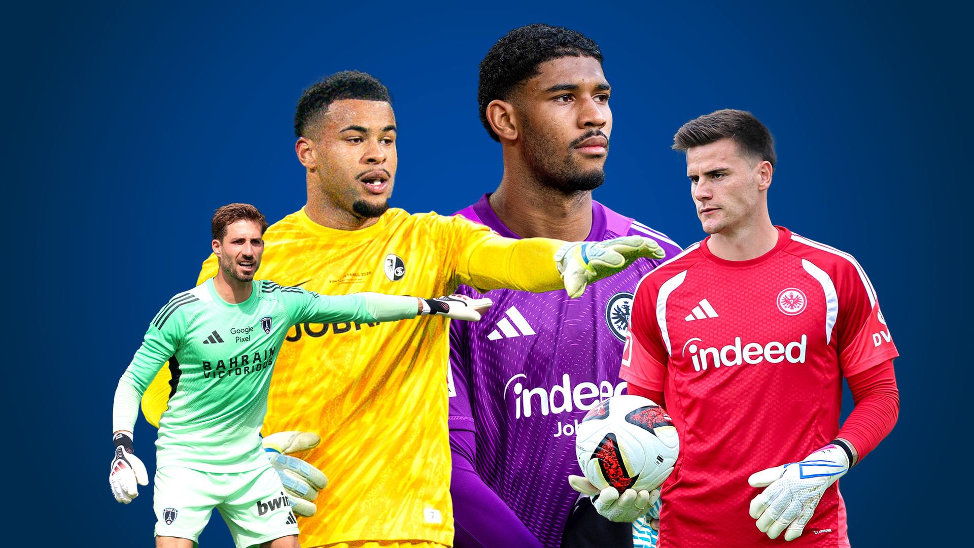 Collage: Vier Fußballspieler im Trikot vor einem blauen Hintergrund arrangiert. | Imago Images / Kirchner-Media, Sportfoto Rudel, HMB-Media, DeFodi Images