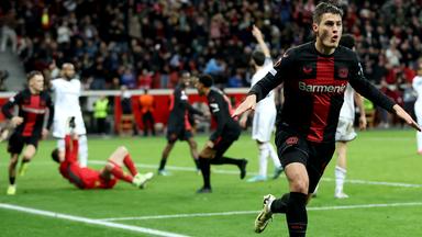 Patrick Schick von Bayer 04 Leverkusen jubelt nach dem 3:2 gegen Qarabag Agdam