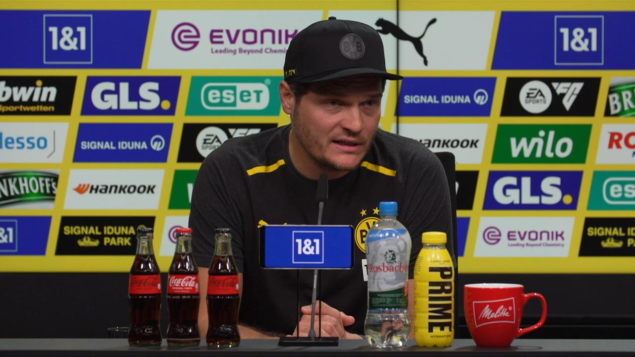 Dortmunds Trainer Edin Terzic bei der Pressekonferenz vor dem Spiel in Wolfsburg | ARD