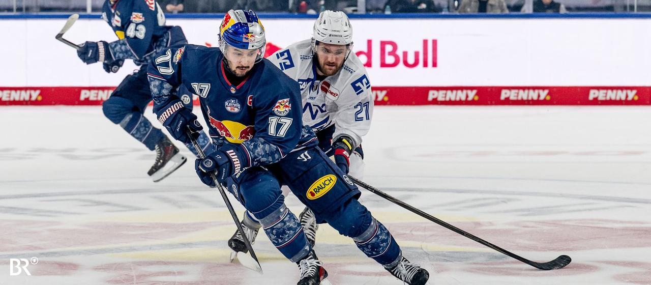 Zweikampf zwischen Taro Hirose (EHC) und Kris Bennett (Mannheim)