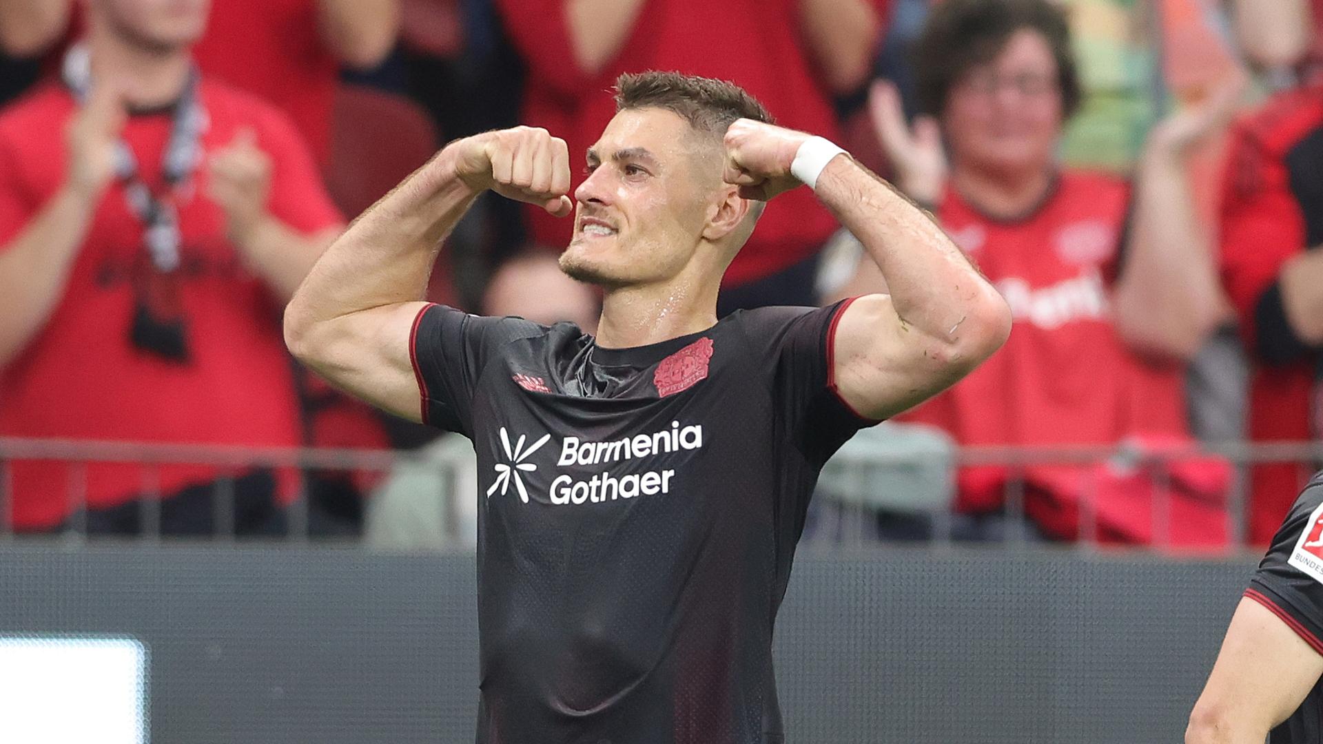Fußballprofi Patrik Schick von Bayer 04 Leverkusen bejubelt einen Treffer gegen RB Leipzig | firo/Fromme