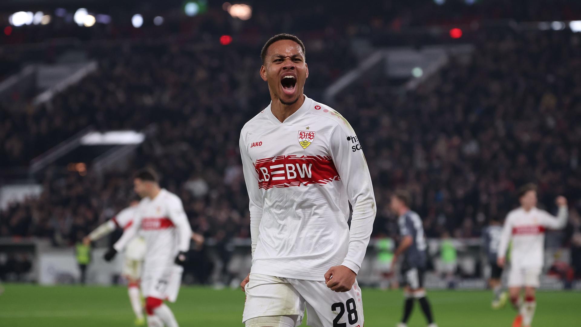 Stuttgarts Nikolas Terkelsen Nartey jubelt gegen Frankfurt. | ddp/HMB Media/Joaquim Ferreira