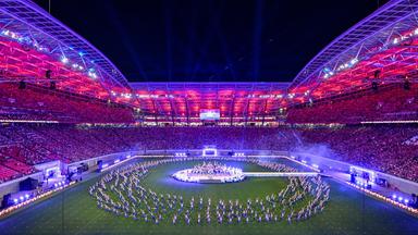 Mitwirkende der Stadiongala treten zum Internationalen Deutschen Turnfest in der Red Bull Arena in Leipzig auf.