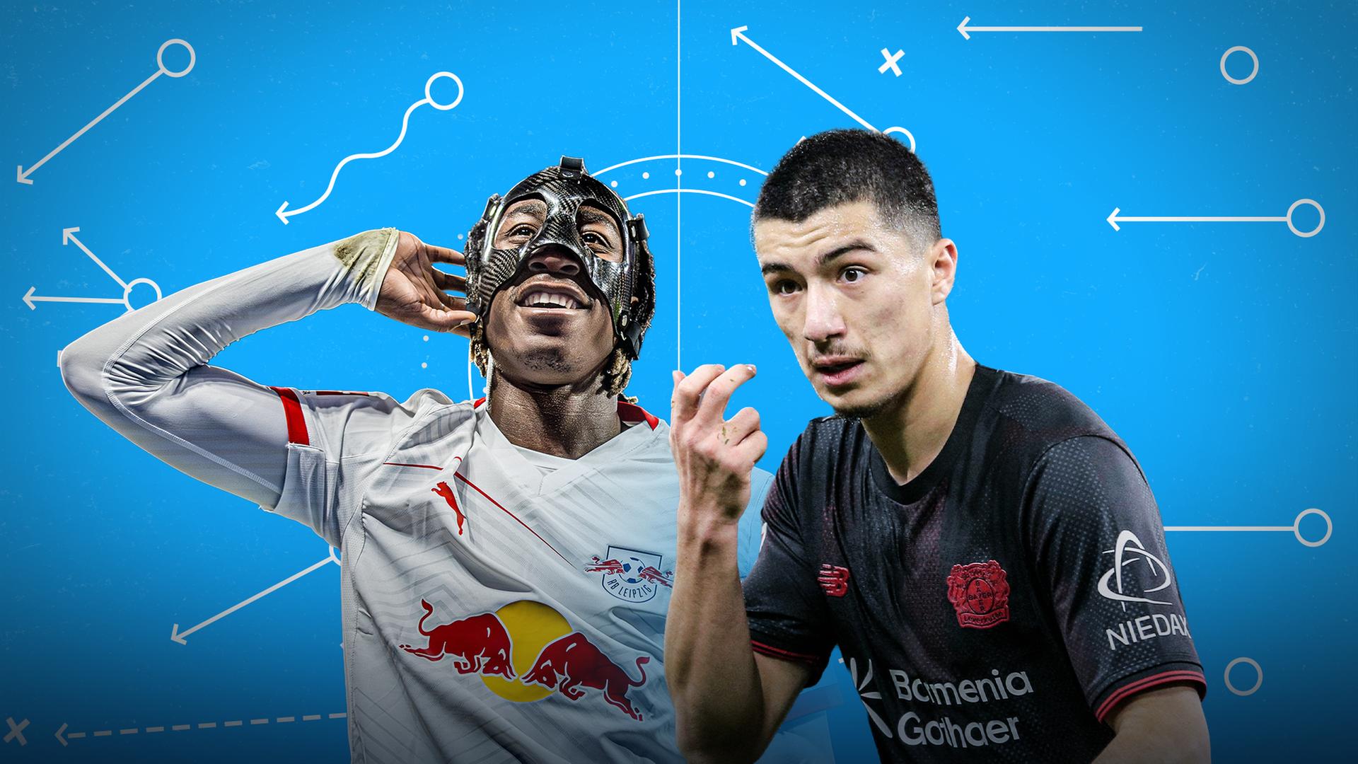 RB Leipzigs Yan Diomande (l.) und Bayer Leverkusens Ibrahim Maza  | IMAGO / Claus Bergmann/motivio