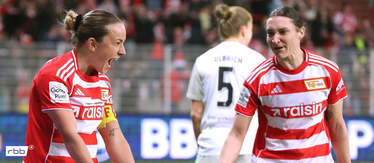 Union Berlins Lisa Heiseler (l.) jubelt über ihr Tor | Bild: IMAGO/Contrast