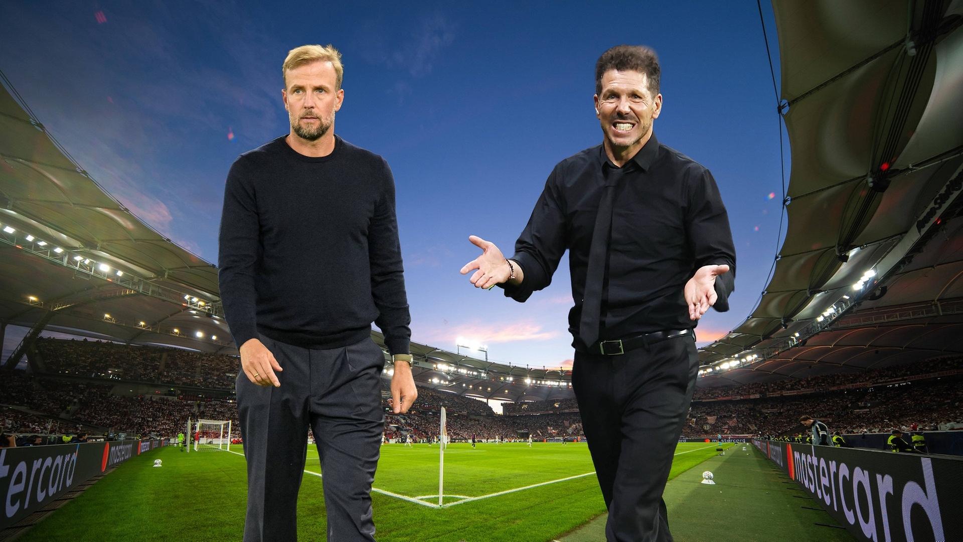 Zwischen dem VfB Stuttgart und Atlético Madrid kommt es in der Champions League auch zu einem spannenden Duell zwischen Sebatian Hoeneß und Diego Simeone an der Seitenlinie. | IMAGO, imago/Montage: Michael Richmann