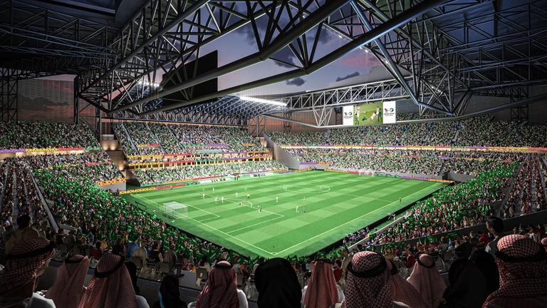 Das King Khalid University Stadium in Abha soll Platz für 45.428 Menschen haben. | Medienfotos "Saudi 2034 bid" Das King Khalid University Stadium in Abha soll Platz für 45.428 Menschen haben.