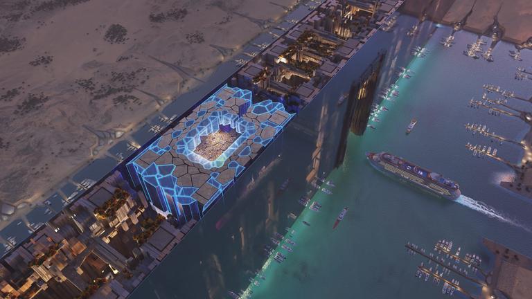 Das Neom Stadium in der noch komplett neu zu errichtenden Linien-Stadt Neom soll Platz für 46.010 Menschen haben. | Medienfotos "Saudi 2034 bid" Das Neom Stadium in der noch komplett neu zu errichtenden Linien-Stadt Neom soll Platz für 46.010 Menschen haben.