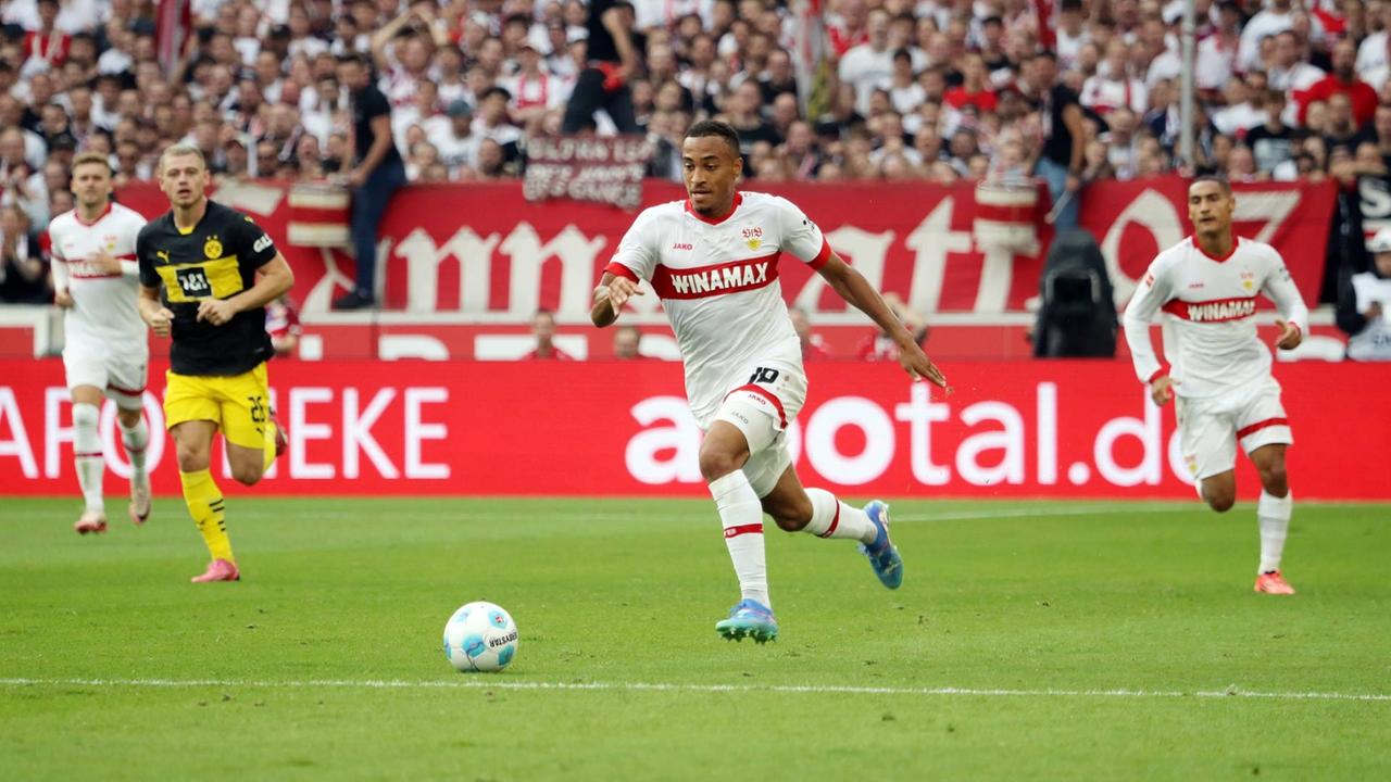 Jamie Leweling beim 5:1-Heimsieg des VfB Stuttgart über Borussia Dortmund. | IMAGO, Sportfoto Rudel