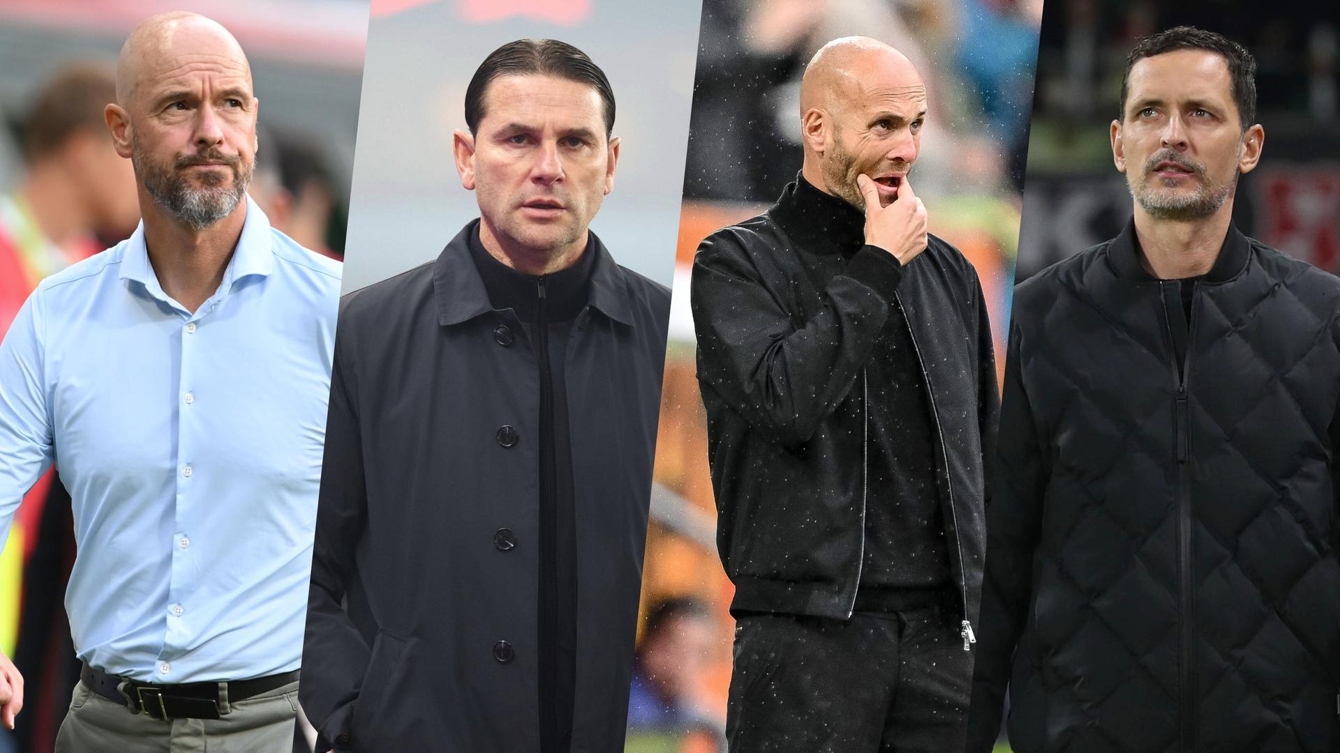 Leverkusens Trainer ten Hag, Gladbachs Gerardo Seoane, Wolfsburgs Simonis und Frankfurts Toppmöller (Montage) | Imago/dpa Bildfunk | Carmen Jaspersen/Shutterstock/Jan Huebner