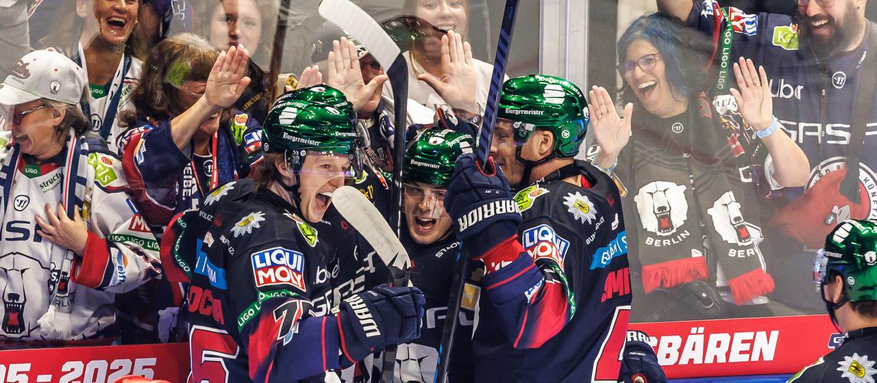Die Eisbären Berlin bejubeln einen Treffer gegen Dresden (picture alliance/dpa | Andreas Gora)