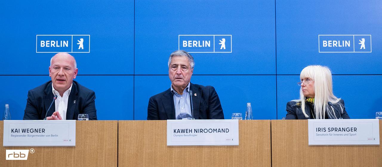 柏林的 Regierender Kai Wegner (CDU)、der Olympia-Beuftragte Kaveh Niromond 和体育参议员 Iris Sprenger (SPD) Informieren auf Einer Presskonferenze über den Ruckzug der Poliwerlinge Gate)