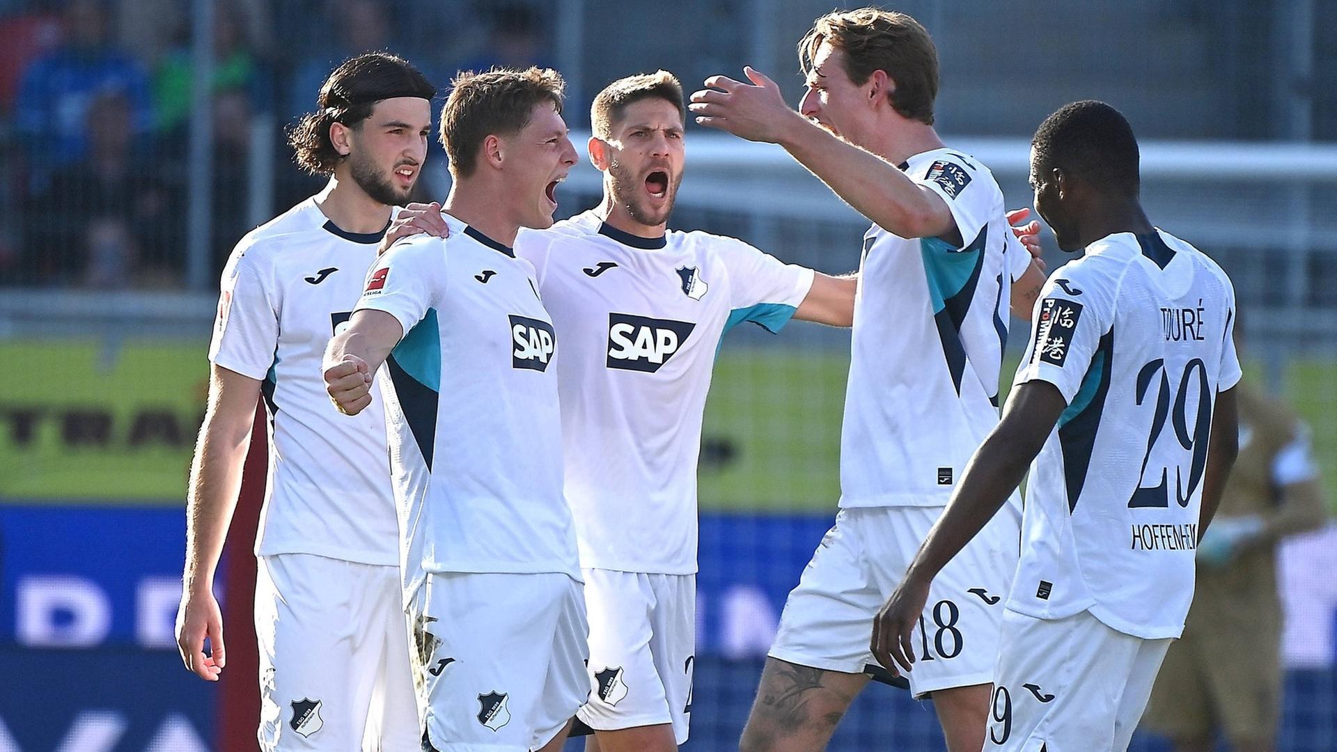 TSG Hoffenheim team celebrates Alexander Prass's 2-0 goal against Heidenheim