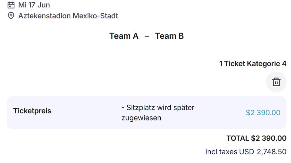 Statt 60 US-Dollar kosten manche Tickets bei der FIFA nun 2.748,50 US-Dollar. | Screenshot FIFA-Website Statt 60 US-Dollar kosten manche Tickets bei der FIFA nun 2.748,50 US-Dollar.